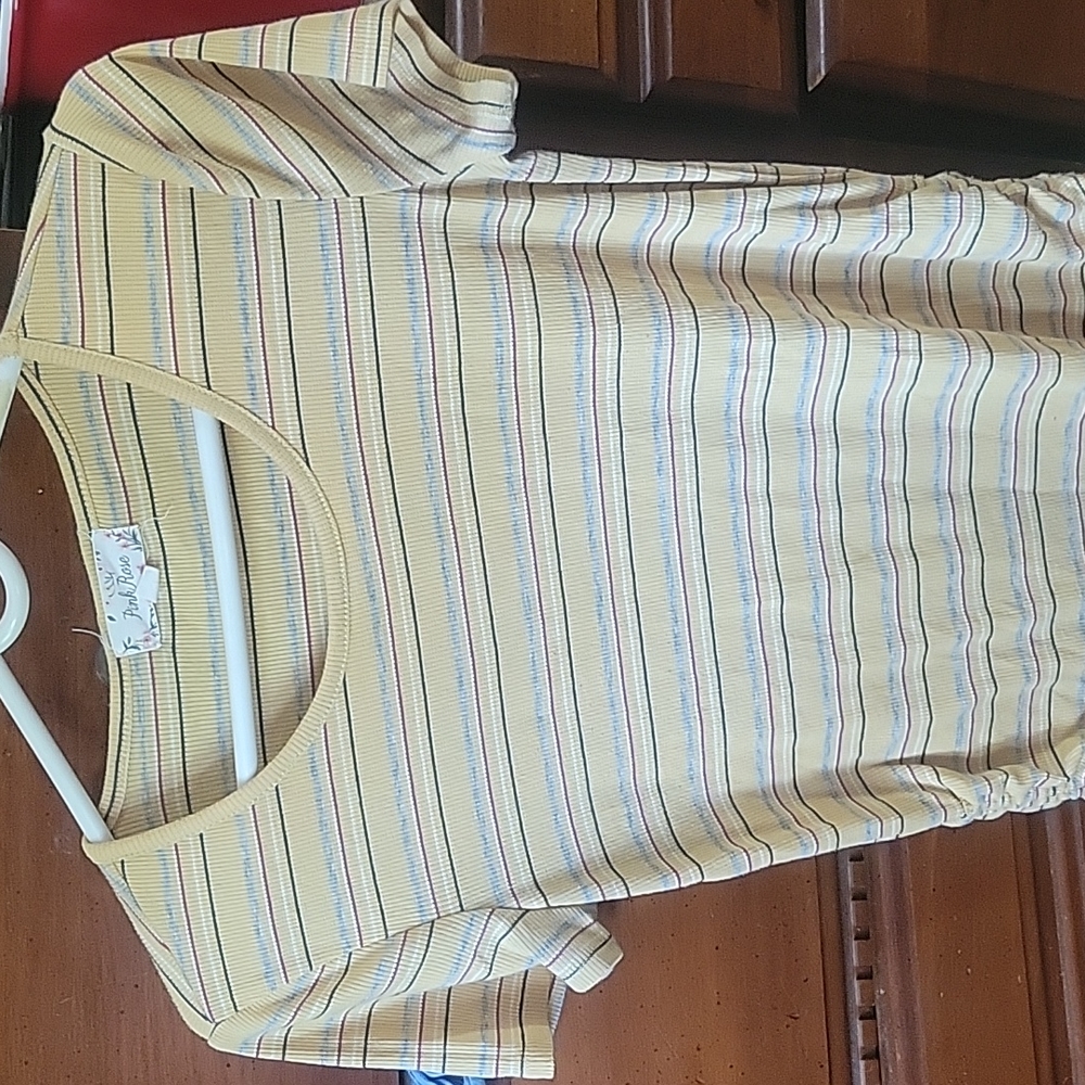 Pink rose yellow striped shirt
